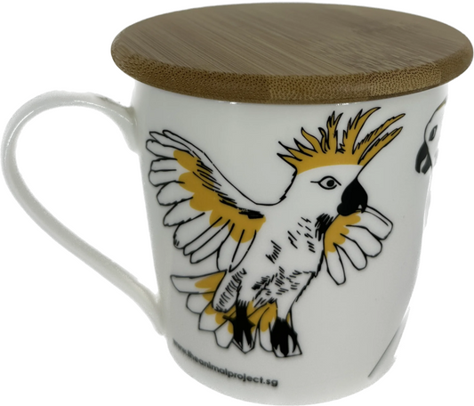 Wide Tapered Mug With Bamboo Lid - Cockatoo Design