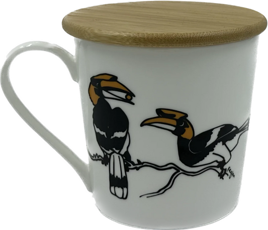 Wide Tapered Mug With Bamboo Lid - Hornbill Design