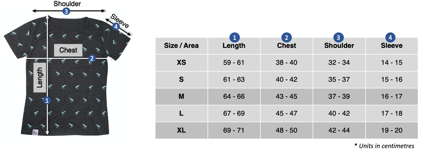 Ladies T-shirt - Penguin Pattern Design - Size Chart