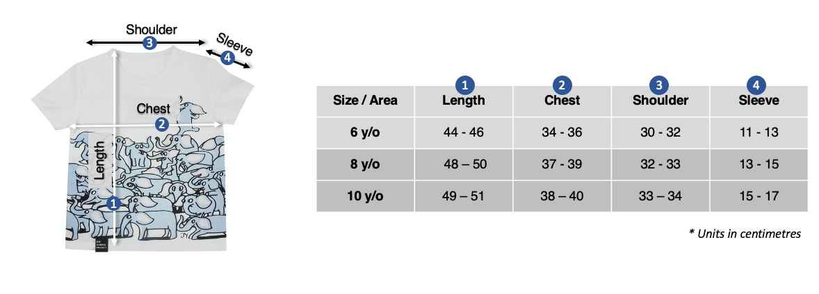 Kids T-shirt - Elephant Design - Size Chart