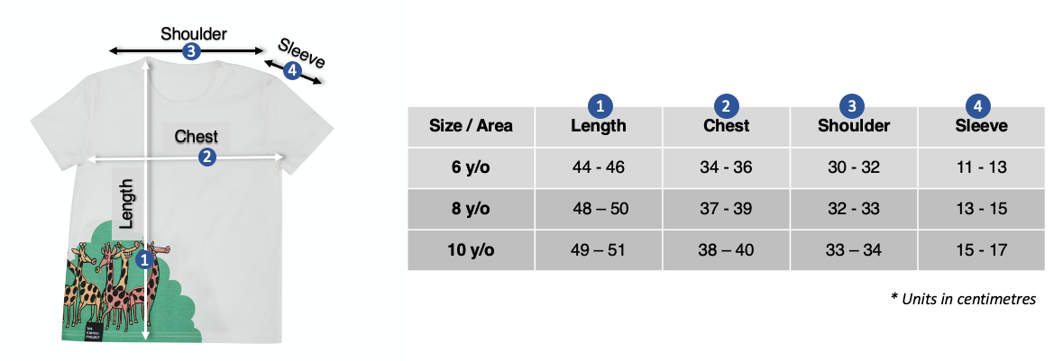 Kids T-shirt - Giraffe Design - Size Chart