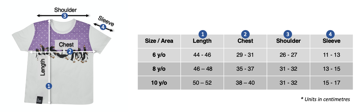 Kids T-shirt - Penguin With Snow Design - Size Chart