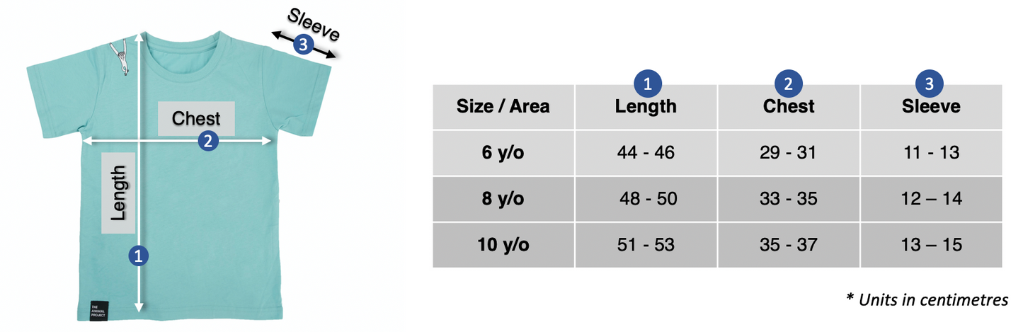 Kids T-shirt - Gibbons Design - Size Chart