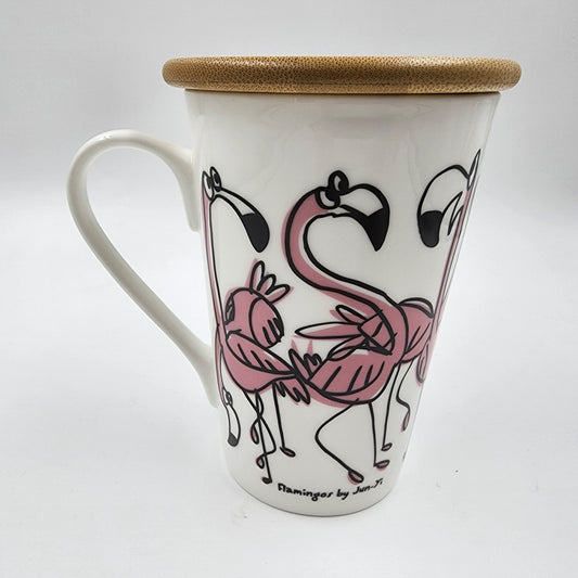 Tall Mug With Bamboo Lid - Flamingo Design