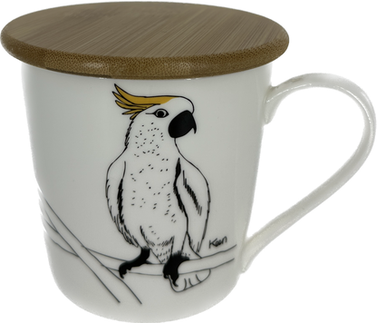 Wide Tapered Mug With Bamboo Lid - Cockatoo Design
